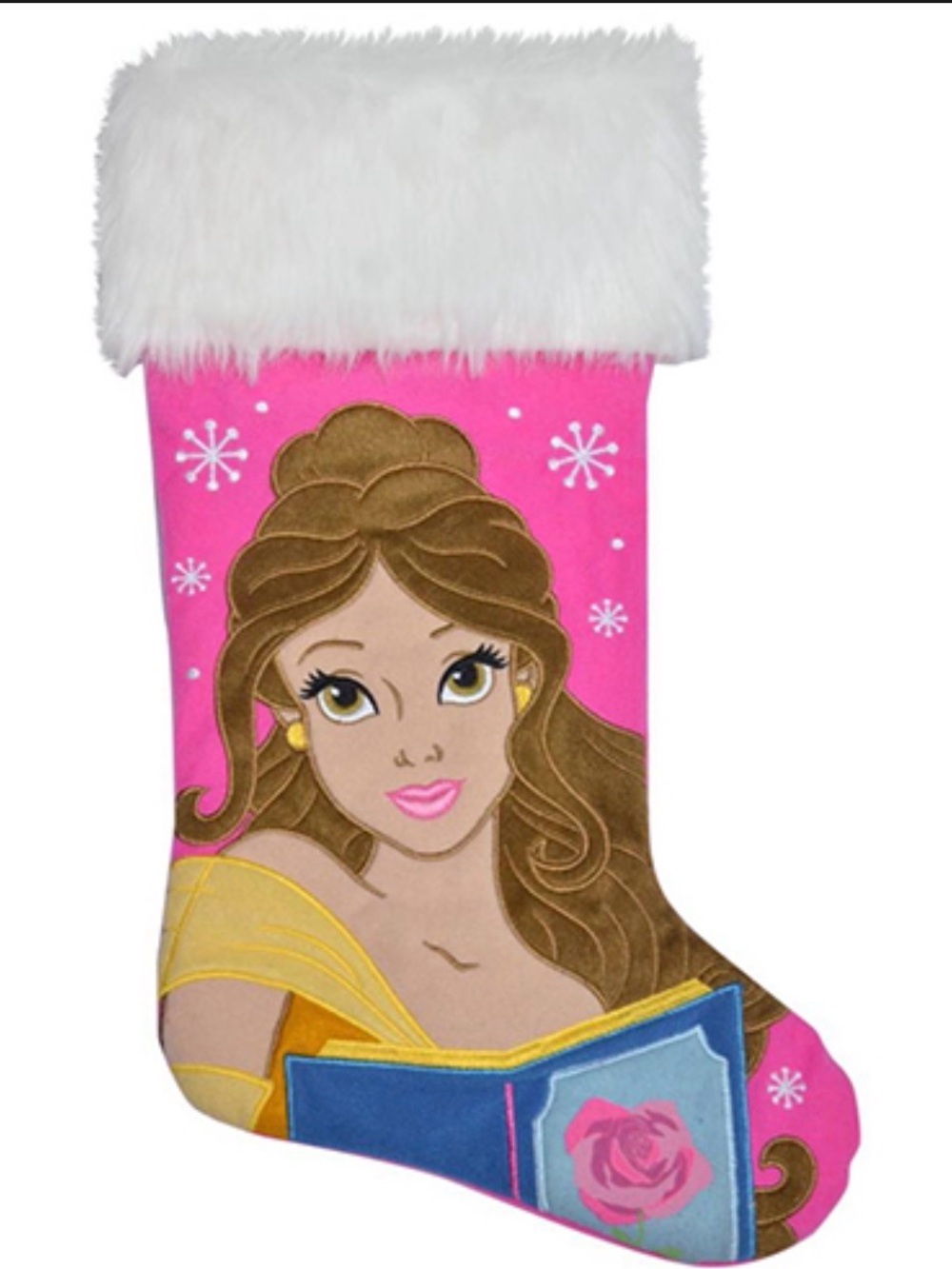 New•Disney Pink Princess Belle Christmas Stocking with White Faux Fur Cuff.